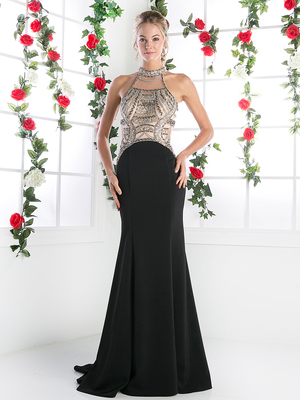 FY-CK23 Halter Top Evening Dress with Open Back, Black