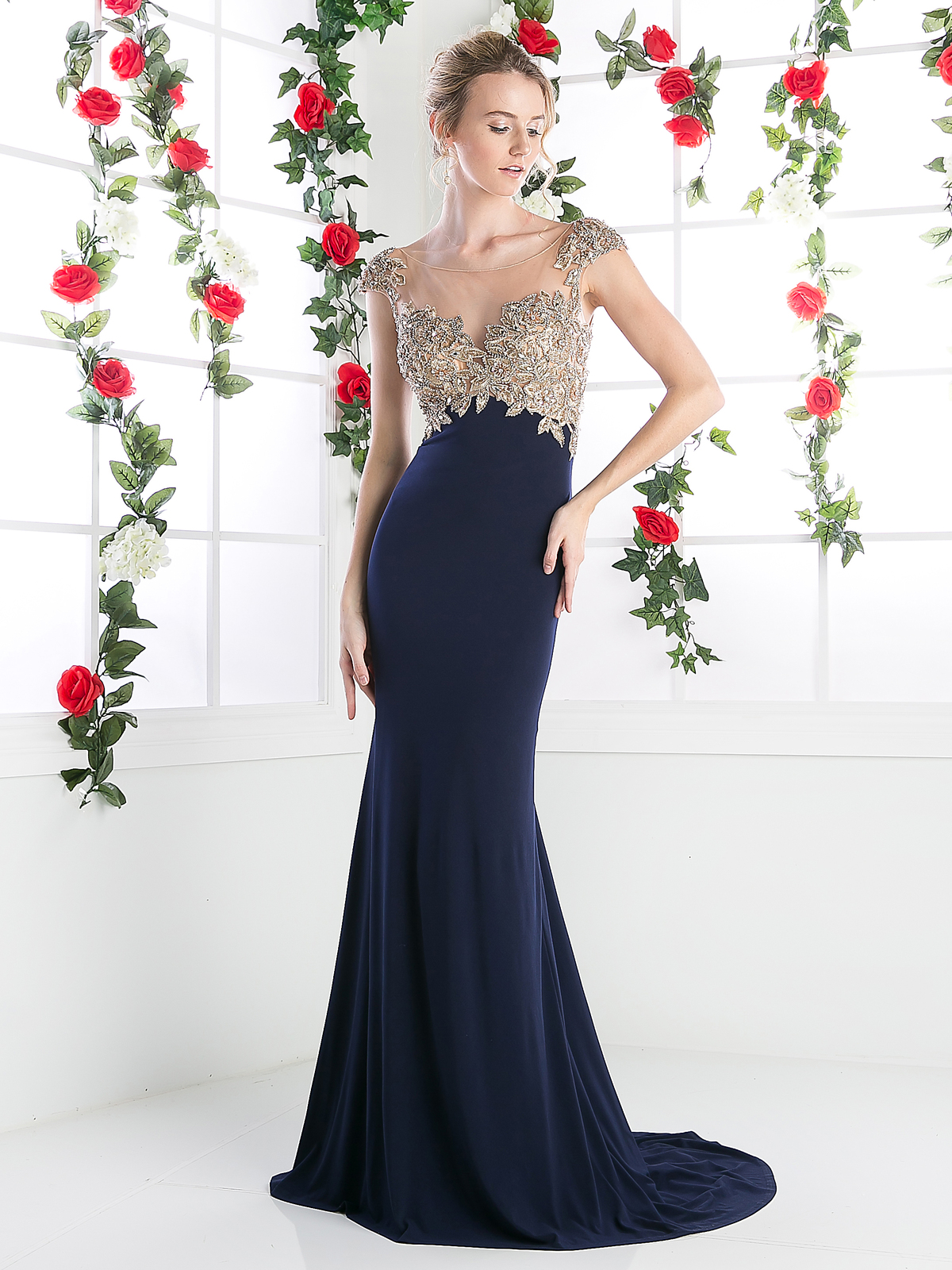 navy and gold evening gown