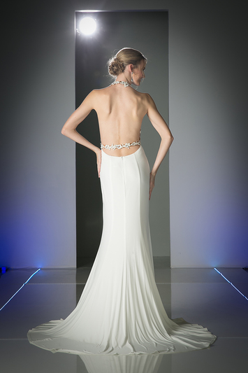 FY-ML6111 Halter Floral Top Evening Dress with Train - Off White, Back View Medium