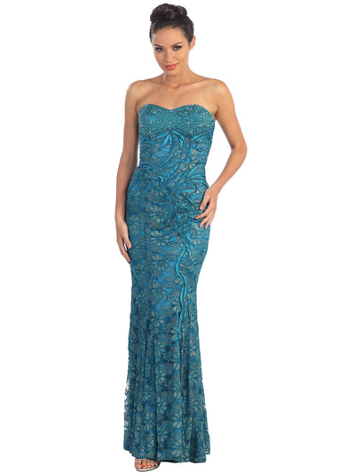 GL1006 Brocade-Inspired Mermaid Dress - Teal, Front View Medium