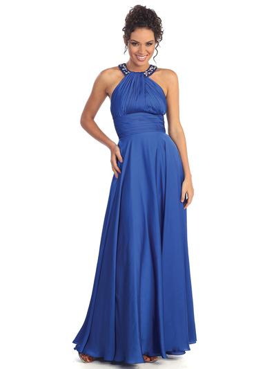 GL1013 Charmeuse Rounded Halter Evening Dress - Royal Blue, Front View Medium
