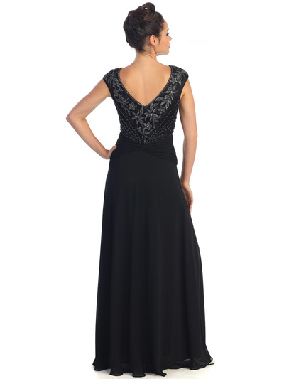GL1048 V-Neck Floral Evening Dress - Black, Back View Medium