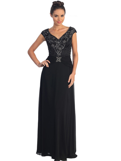 GL1048 V-Neck Floral Evening Dress - Black, Front View Medium