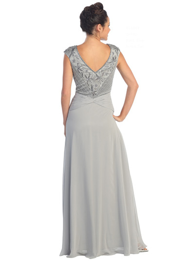 GL1048 V-Neck Floral Evening Dress - Silver, Back View Medium