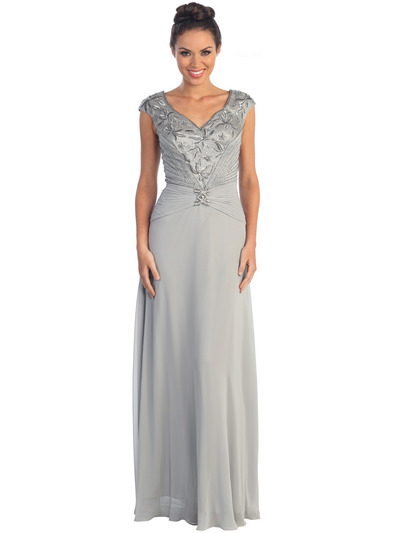 GL1048 V-Neck Floral Evening Dress - Silver, Front View Medium