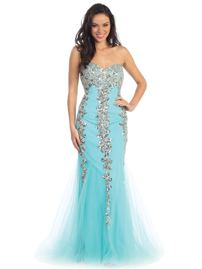 GL1067 Sparkly Sweetheart Mermaid Prom Gown - Aqua, Front View Medium