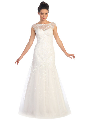 GL1072 Illusion Beaded Mesh Evening Dress, White