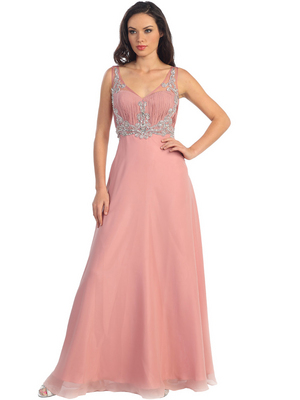 GL1073 Sophisticated Tank Strap Embroidered Evening Gown, Dusty Rose