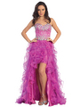 GL1098 Embellished Ruffled Skirt High/Low Prom Gown - Fuschia, Front View Thumbnail