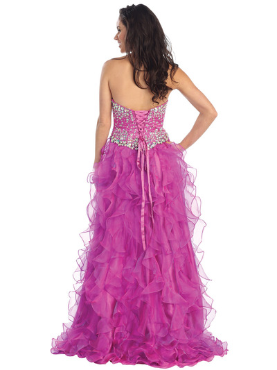 GL1098 Embellished Ruffled Skirt High/Low Prom Gown - Fuschia, Back View Medium