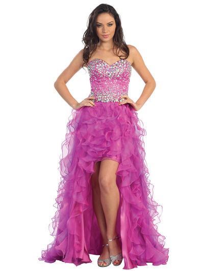 GL1098 Embellished Ruffled Skirt High/Low Prom Gown - Fuschia, Front View Medium