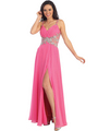 GL1105 Chiffon Evening Dress with See-thru Waist Panel - Hot Pink, Front View Thumbnail
