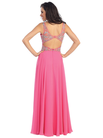 GL1105 Chiffon Evening Dress with See-thru Waist Panel - Hot Pink, Back View Medium
