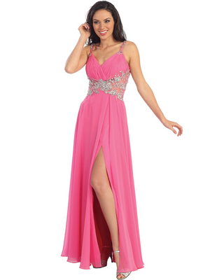 GL1105 Chiffon Evening Dress with See-thru Waist Panel, Hot Pink