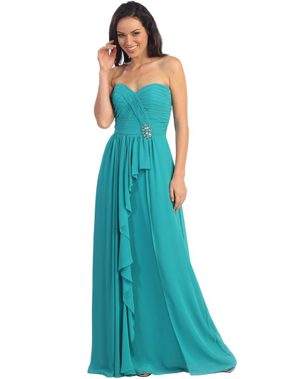 GL1125 Wrap Skirt Pleated Bodice Sweetheart Chiffon Evening Dress - Teal Blue, Front View Medium