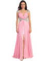 GL1130 Embellished Cap sleeve Deep V-back Prom Evening Dress - Pink, Front View Thumbnail