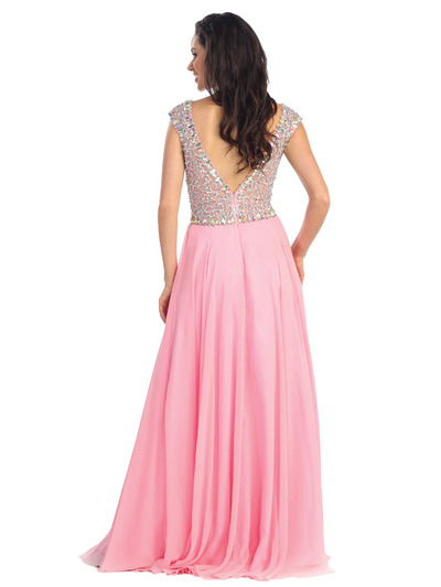 GL1130 Embellished Cap sleeve Deep V-back Prom Evening Dress - Pink, Back View Medium