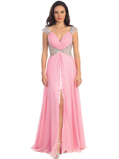 GL1130 Embellished Cap sleeve Deep V-back Prom Evening Dress - Pink, Front View Medium