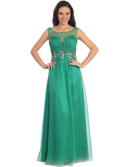 GL1131 Vintage Inspired Sheer Neckline Evening Dress - Emerald Green, Front View Medium