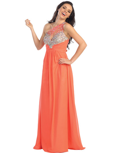 GL1138 Double Sheer Asymmetrical Shoulder Formal Evening Dress - Orange, Front View Medium