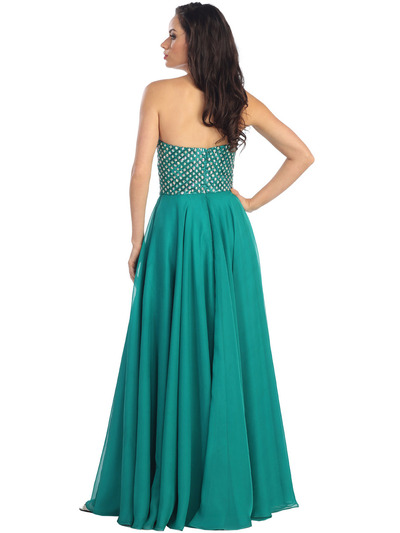 GL1146 Strapless Sequin and Stone Bodice Chiffon Evening Dress - Green, Back View Medium