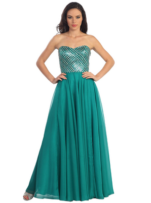 GL1146 Strapless Sequin and Stone Bodice Chiffon Evening Dress, Green