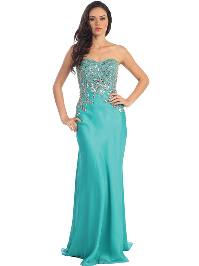 GL1148 Fitted Bodice Silver Sequin Chiffon Evening Dress - Jade, Front View Medium