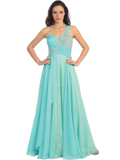 GL1154 One Shoulder Chiffon Over Lace Evening Dress - Tiffany, Front View Medium