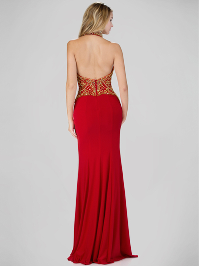 GL1301P Halter Top Prom Evening Dress with Beading - Red, Back View Medium