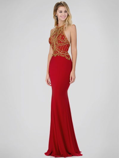 GL1301P Halter Top Prom Evening Dress with Beading - Red, Front View Medium
