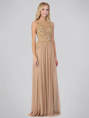 GL1304P Sleeveless Sequins Floor Length Evening Dress , Camel