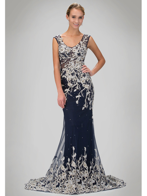GL1308P Sleeveless Scoop Neck Evening Dress with Court Train, Navy