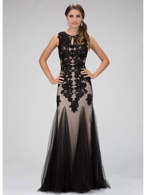 GL1310H Sleeveless Lace Overlay Prom Evening Dress with Godet Hem, Black