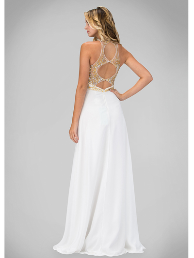 GL1329X Illusion High Neck Evening Dress with Cutout Back - Ivory, Back View Medium