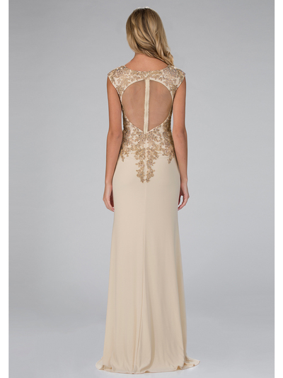 GL1333X Cap Sleeve Floor Length Mother of the Brides Evening Dress - Champagne, Back View Medium