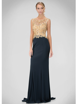 GL1340D Two Toned Sleeveless Floor Length Evening Dress with Train, Navy