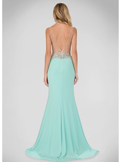 GL1349P Illusion Bodice Evening Dress with Sparkle Design - Mint, Back View Medium