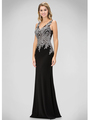 GL1351P V-neck Evening Dress with Jeweled Applique - Black, Front View Thumbnail