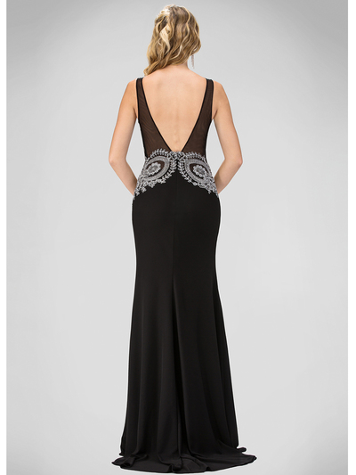 GL1351P V-neck Evening Dress with Jeweled Applique - Black, Back View Medium