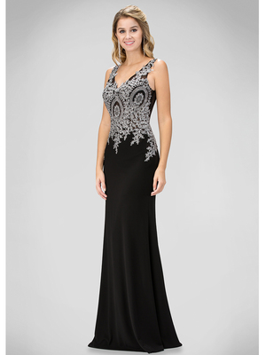 GL1351P V-neck Evening Dress with Jeweled Applique, Black
