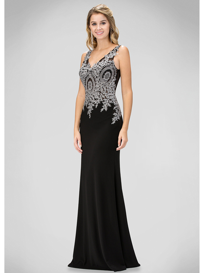 GL1351P V-neck Evening Dress with Jeweled Applique - Black, Front View Medium