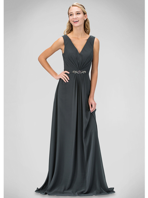 GL1389T V-neck Evening Dress with Jeweled Belt, Charcoal