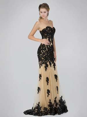 GL2005 Strapless Sweetheart Prom Evening Dress with Lace Applique, Black Gold