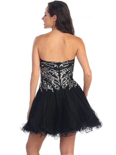 GS1034 Sequin Bodice Party Dress - Black, Back View Medium