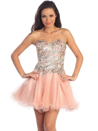 GS1034 Sequin Bodice Party Dress - Coral, Front View Medium