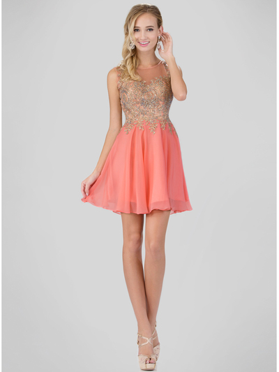 GS1336D Illusion Neckline Homecoming Mini Chiffon Gown - Coral, Front View Medium