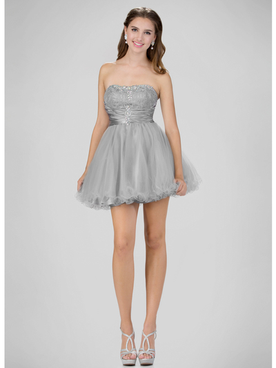 GS1345 Mini Sweetheart Homecoming Dress with Tulle Skirt - Silver, Front View Medium