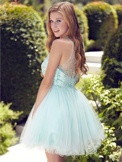 GS2074 Illusion Yoke Short Prom Dress - Mint, Back View Medium