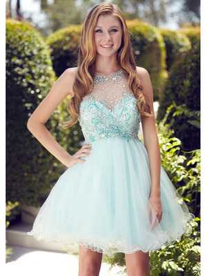 GS2074 Illusion Yoke Short Prom Dress, Mint