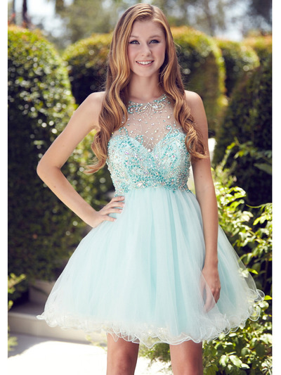 GS2074 Illusion Yoke Short Prom Dress - Mint, Front View Medium